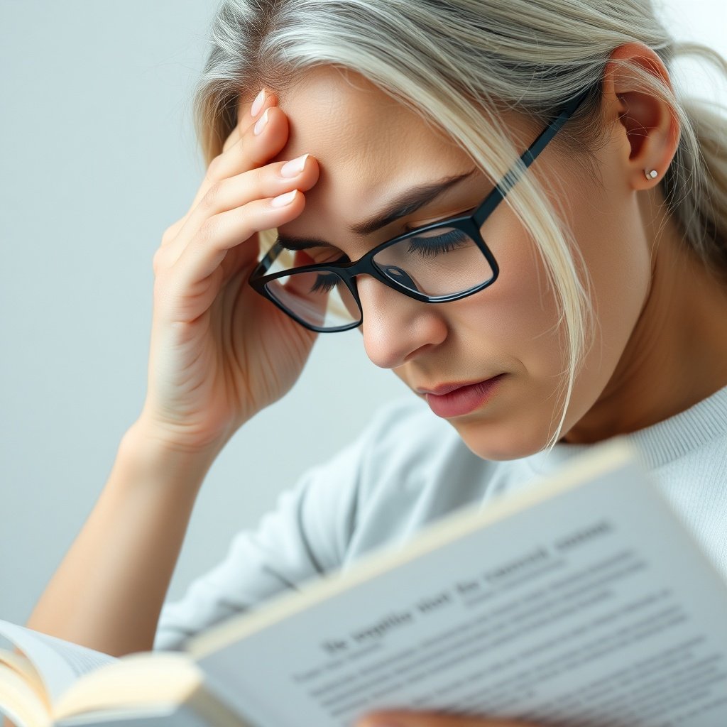 Close up of person rubbing temples while reading, struggling to concentrate, soft clinical photograp