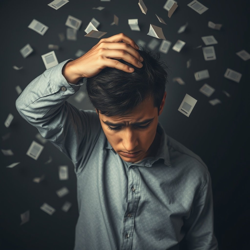 Person holding head in frustration surrounded by scattered notes, brain fog concept, muted tones