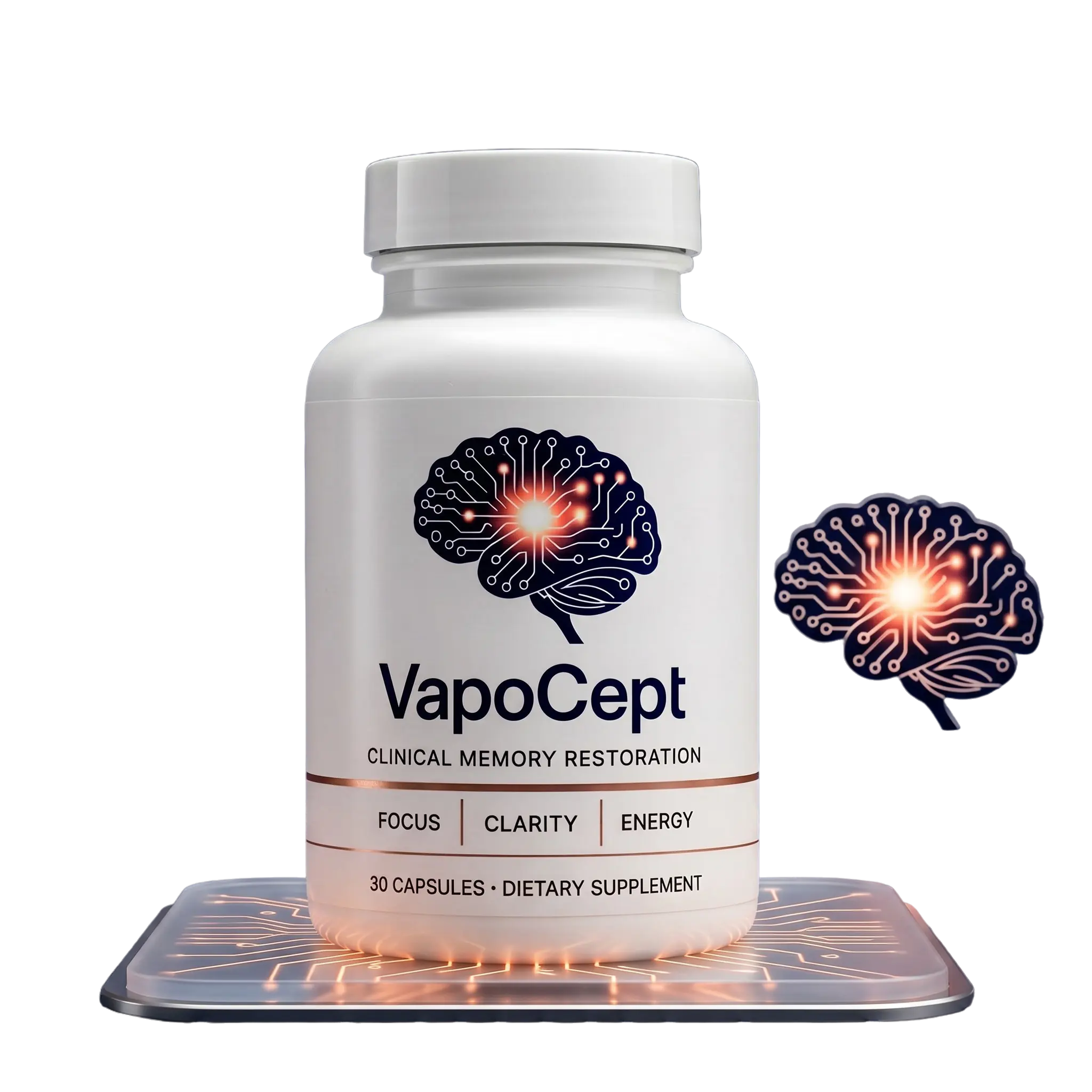 Three bottles of VapoCept brain support capsules with satisfaction guarantee seal