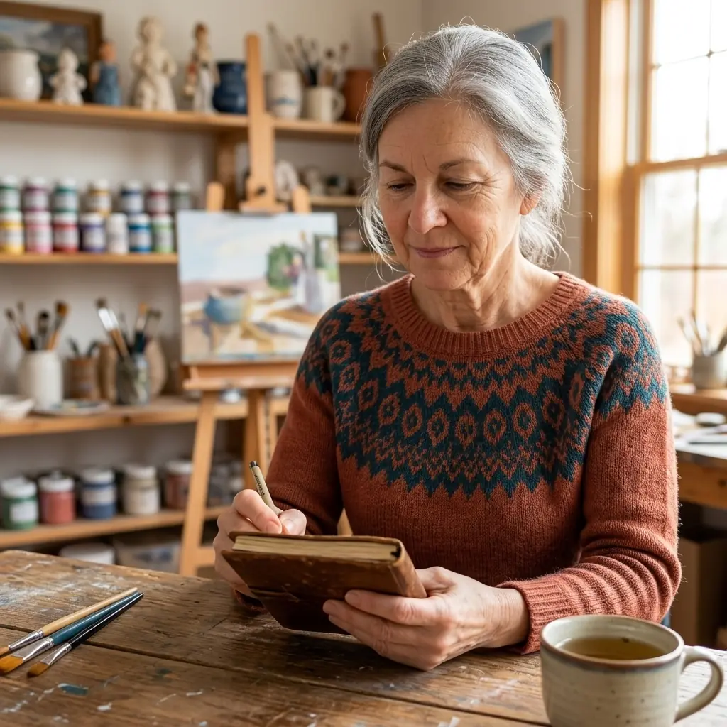 Woman enjoying painting as a hobby at home