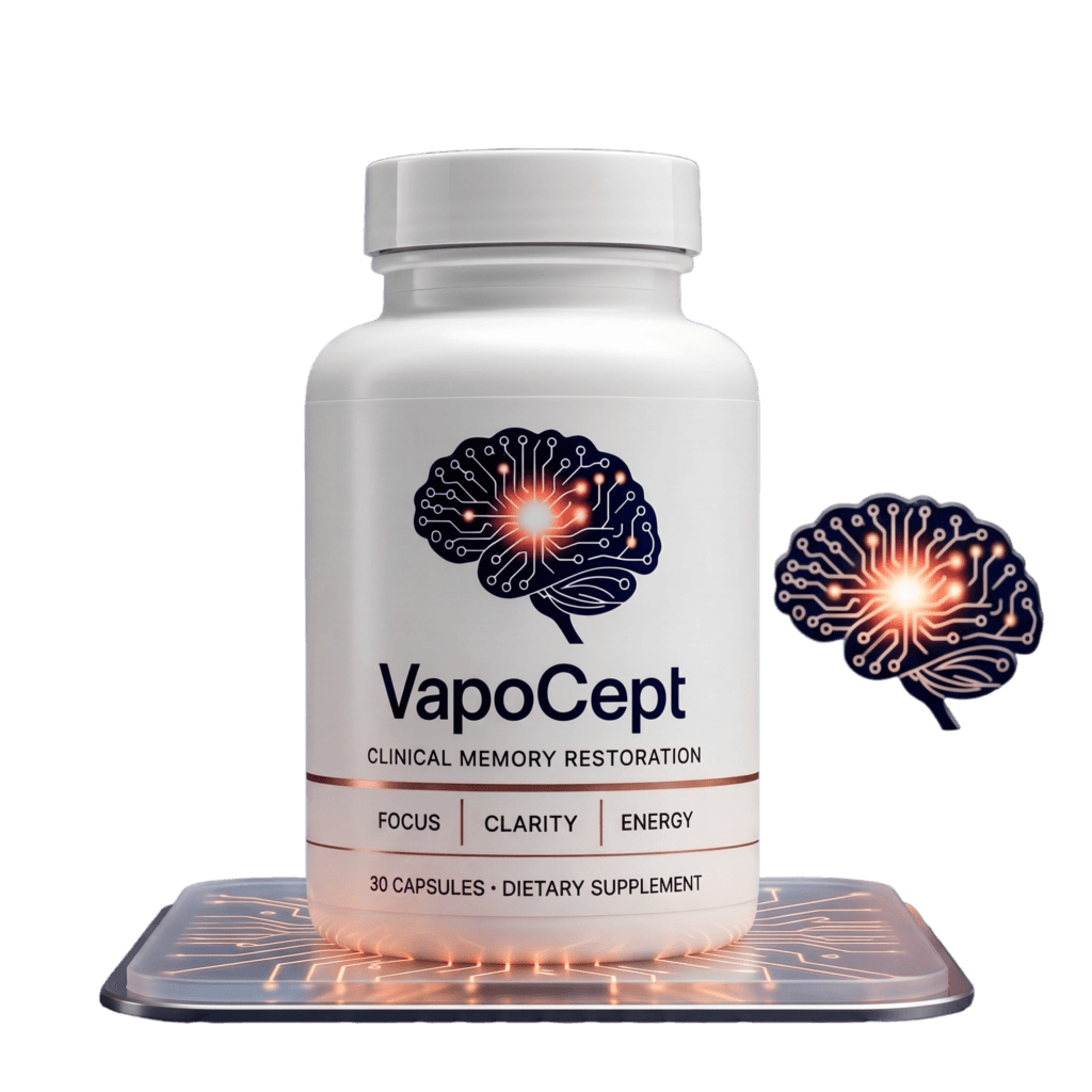 Premium white supplement bottle of a cognitive memory support product named VapoCept, deep navy label